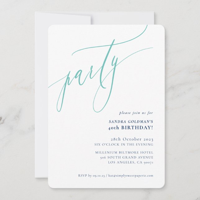 PARTY kalligrafi stilren minimal marin mint Inbjudningar (Framsida)