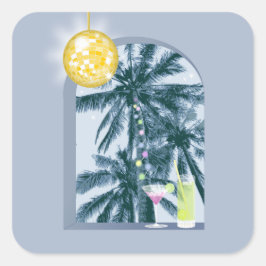 Party Ljus Cocktails Disco Boll Handflatan på Blue Fyrkantigt Klistermärke