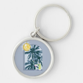 Party Ljus Cocktails Disco Boll Handflatan på Blue Rund Silverfärgad Nyckelring