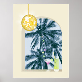 Party Ljus Cocktails Disco Boll Handflatan på Gult Poster