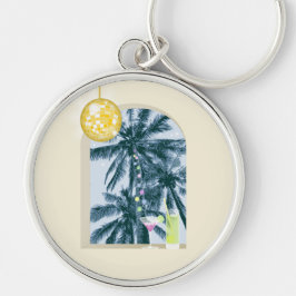 Party Ljus Cocktails Disco Boll Handflatan på Gult Rund Silverfärgad Nyckelring