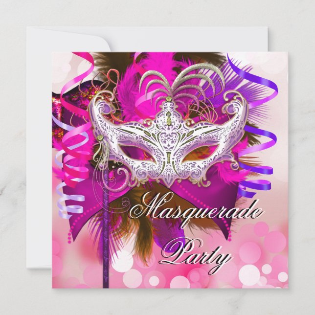 Party Mask Black Lila Rosa Mardi Gras Inbjudningar (Framsida)
