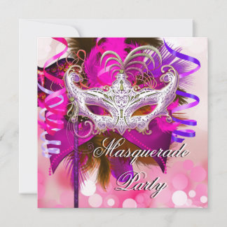 Party Mask Black Lila Rosa Mardi Gras Inbjudningar