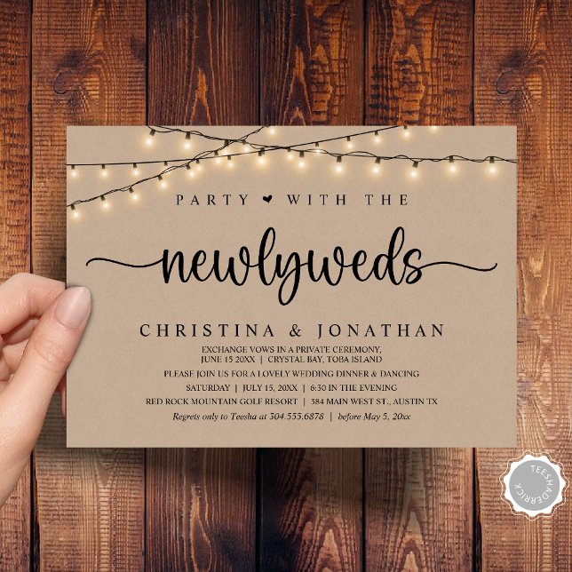 Party med de nya lywederna, den rustiska Bröllop-m Inbjudningar (Party With The Newlyweds, Rustic Wedding Dinner Invitation Card, PDF, String Lights Brown Kraft)