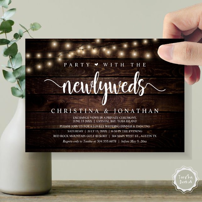 Party med de nya lywederna, den rustiska Bröllop-m Inbjudningar (Party With The Newlyweds, Rustic Wedding Dinner Invitation card, pdf, in cottage dark wood)