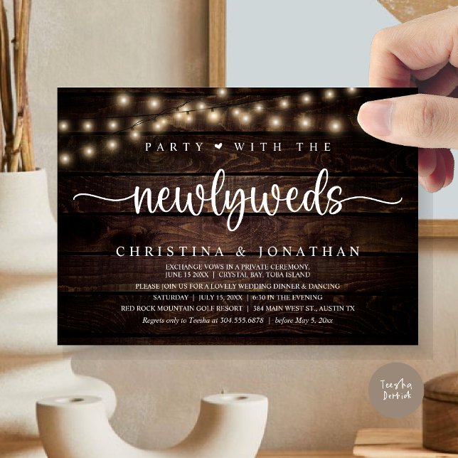 Party med de nya lywederna, den rustiska Bröllop-m Inbjudningar (Party With The Newlyweds, Rustic Wedding Dinner Invitation card, pdf, in cottage dark wood)