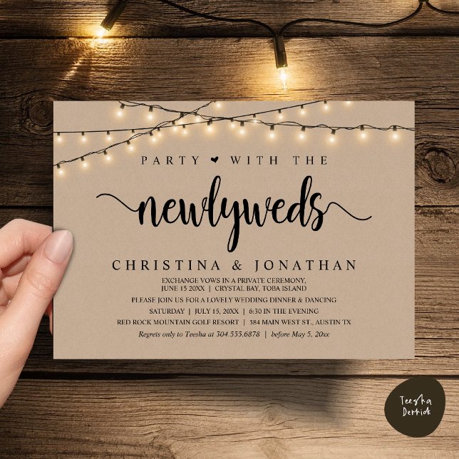 Party med de nya lywederna, den rustiska Bröllop-m Inbjudningar (Party With The Newlyweds, Rustic Wedding Dinner Invitation Card, PDF, String Lights Brown Kraft)