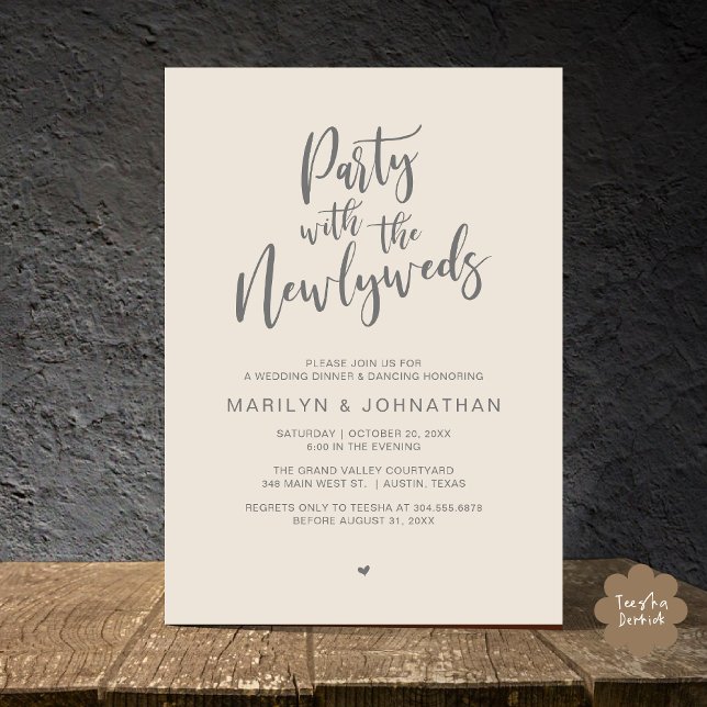 Party med den nyfödda middagen Rustic Bröllop Inbjudningar (Party With The Newlyweds Rustic Wedding Dinner Dancing Lunch Brunch Invitation card PDF Cream Grey)