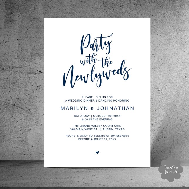 Party med den nyfödda middagen Rustic Bröllop Inbjudningar (Party With The Newlyweds Rustic Wedding Dinner Dancing Lunch Brunch Invitation card PDF Navy Blue)