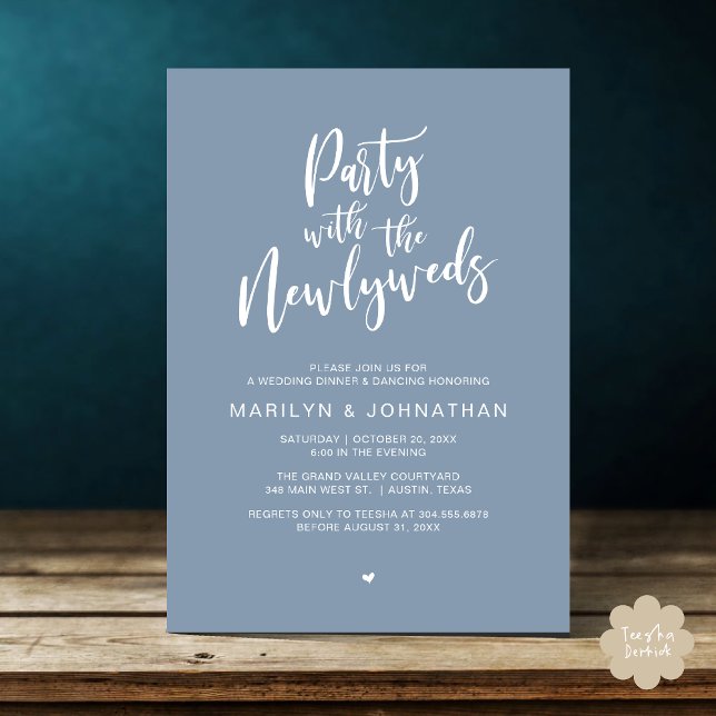Party med den nyfödda middagen Rustic Bröllop Inbjudningar (Party With The Newlyweds Rustic Wedding Dinner Dancing Lunch Brunch Invitation card PDF Dusty Blue)