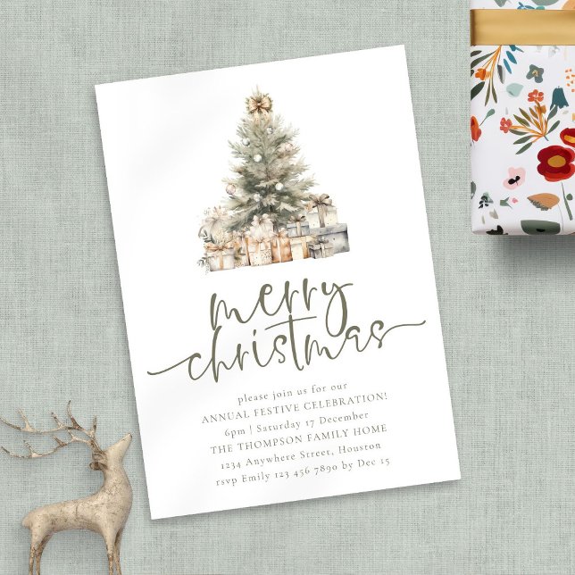 Party med minimalistiskt God jul Träd Sage-skript Inbjudningar (invitation)