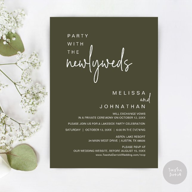 Party med Newlyweds, Bröllop Middag Inbjudningar (Party with the newlyweds, Post wedding dinner celebration invitation card, PDF, in Olive Green)