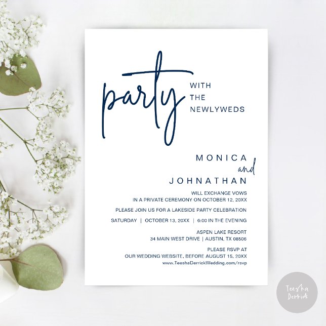 Party med Newlyweds, Bröllop Middag Inbjudningar (Party with the newlyweds, Post wedding dinner celebration invitation card, PDF, in Navy Blue)