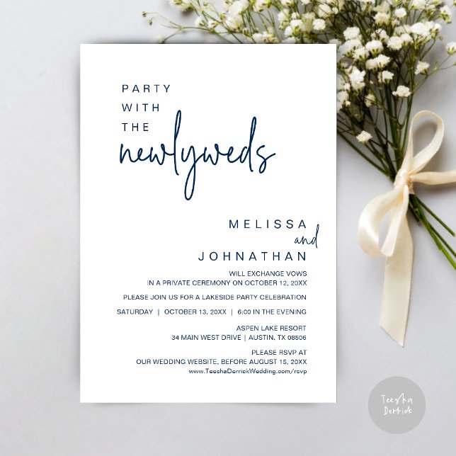 Party med Newlyweds, Bröllop Middag Inbjudningar (Party with the newlyweds, Post wedding dinner celebration invitation card, PDF, in Navy Blue)