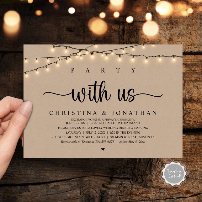 Party med oss, Bröllop-middagsövningen i Rustic Inbjudningar (Party with us, Rustic Wedding Dinner Elopement Invitation Card, PDF, String Lights Brown Kraft)