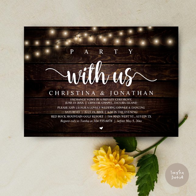 Party med oss, Bröllop-middagsövningen i Rustic Inbjudningar (Party with us, Rustic Wedding Dinner Elopement Invitation card, pdf, in cottage dark wood)
