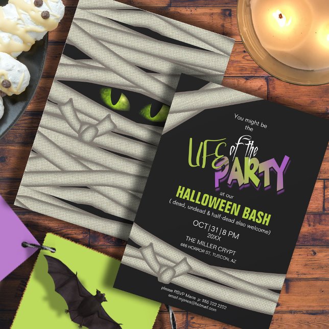 Party Mummy Halloween Grönt ID685 Inbjudningar (Front/Back In Situ)