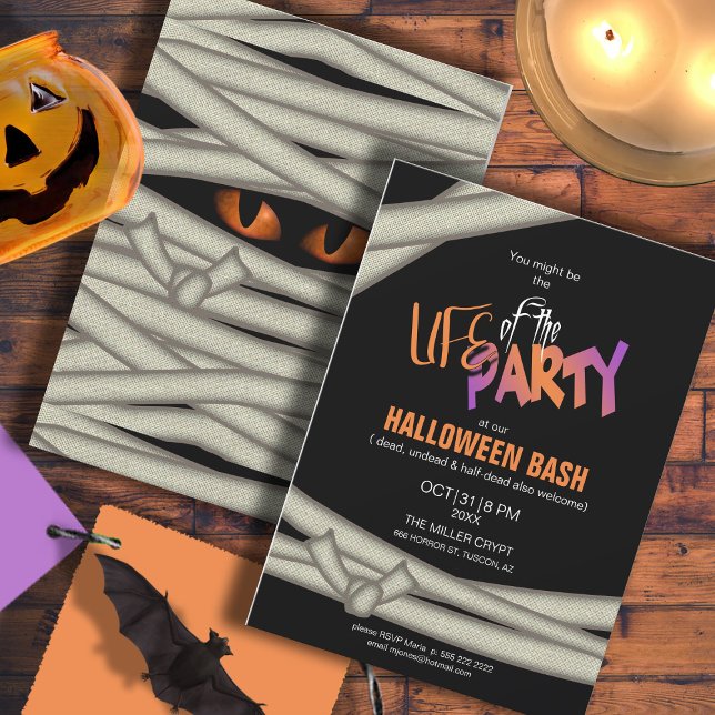 Party Mummy Halloween Orange ID685 Inbjudningar (Front/Back In Situ)