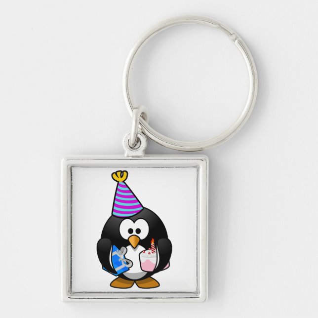 Party Penguin Fyrkantig Silverfärgad Nyckelring (Framsidan)