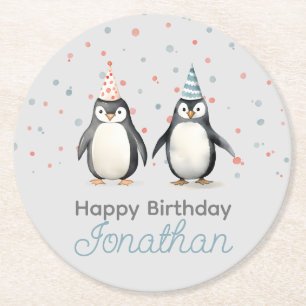 Party Penguins, vattenfärg, barns födelsedag Underlägg Papper Rund