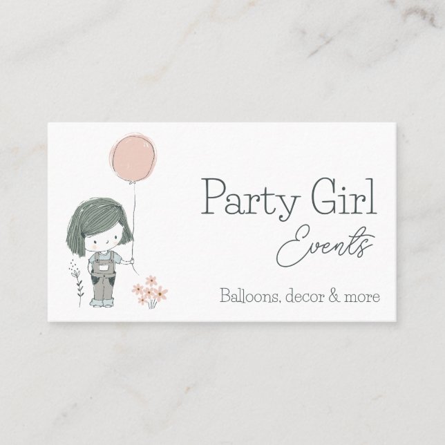 Party Planner Cute Girl Balloon Logotyp Visitkort (Framsida)