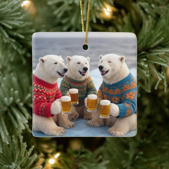 Party Polar Bears Wearing Christmas Ugly Sweaters Julgransprydnad Keramik (Träd)