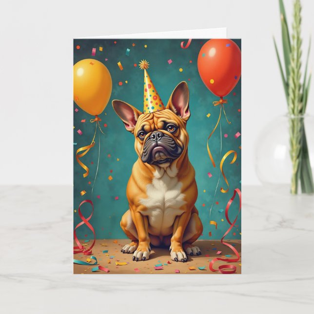 Party Pooch Birthday Card - Funny Fransk Bulldog Helgkort (Framsida)