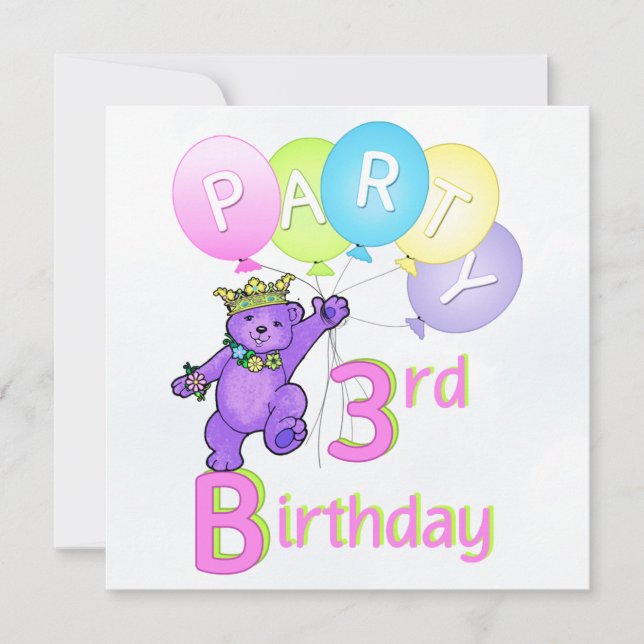 party Princess Bear Balloes 3:e födelsedagen Inbjudningar (Framsida)