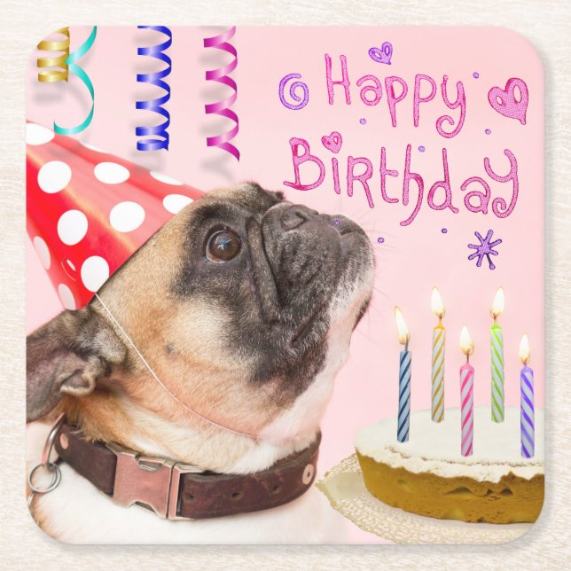 Party Pug and Birthday Cake Cute Underlägg Papper Kvadrat (Framsidan)