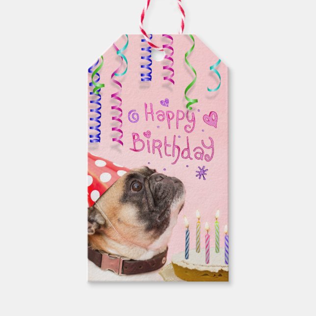 Party Pug and Birthday Cake Presentetikett (Framsidan)
