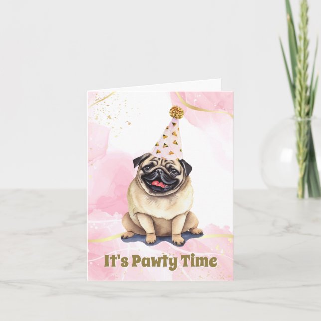 Party Pug Watercolor Birthday Card Tack Kort (Framsida)