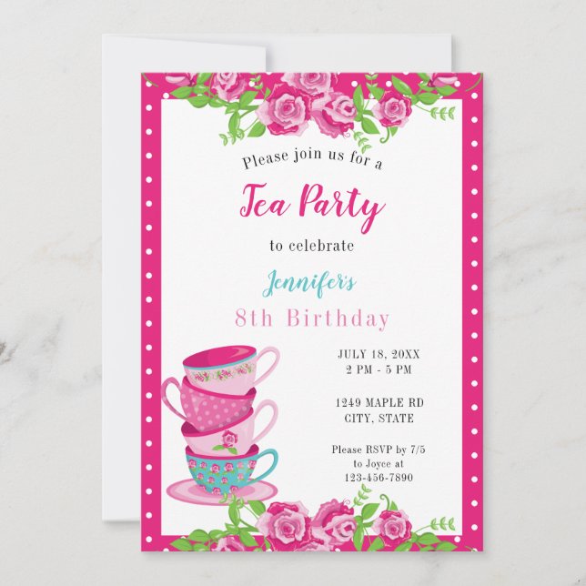 Party Rosa Blommigt Kopp Cute Whimsical  Tea Birth Inbjudningar (Framsida)