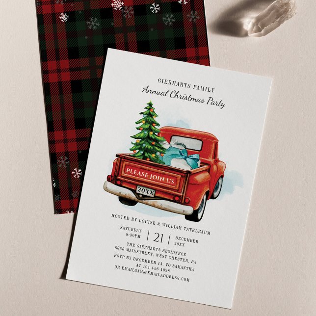Party Rustic Rustic, friska Helgdag Inbjudningar (Plaid Snowflakes Pattern Red Truck Christmas Party Invitation)