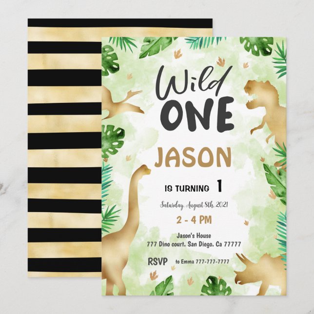 Party som en dinosaur, födelsedag inbjudningar (Fram/baksida)