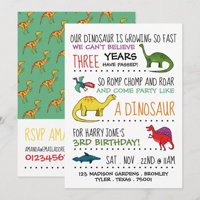 Party som en dinosaur Födelsedagsfest inbjudan (Fram/baksida)