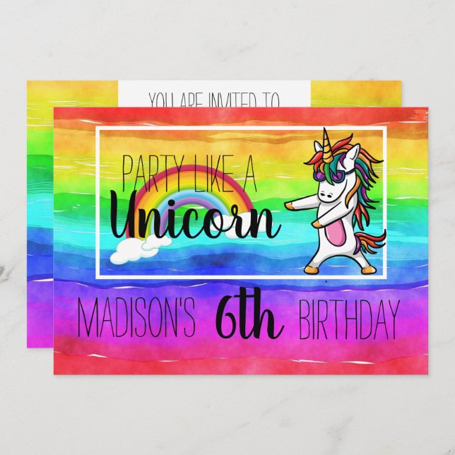Party som en inbjudan till en enhörning i färg på  (Fram/baksida)