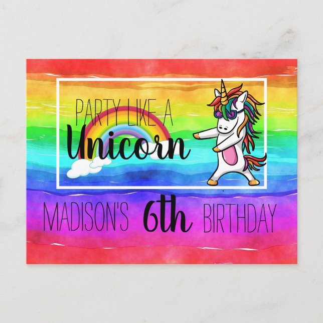 Party som en Unicorn Birthday Inbjudan Vykort (Framsida)