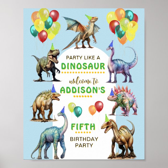Party som ett färgat välkomsttecken för dinosaur poster (Framsidan)