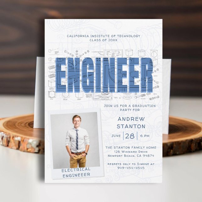 Party Technology Blue för College Graduation Ingen Inbjudningar (college grad engineering engineer graduation ceremony party invitation white blue technical science)