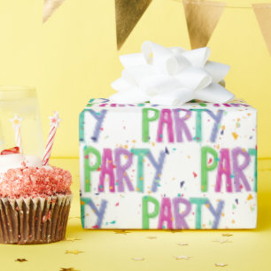 Party text och konfetti vitt presentpapper
