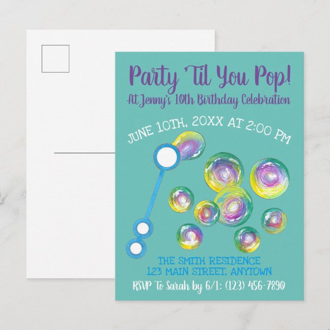 Party Til Du pop Bubble Trollspö Birthday Bubbles Inbjudan Vykort (Fram/baksida)