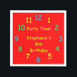 Party Time Papper Napkins, 8th Birthday, Red, Kids Pappersservett<br><div class="desc">Vilken roligt papper napkin för ett barns födelsedagsfest. Färgfulla pappra blöjor i min "Party-tid"-klockdesign. Primärt färg, inklusive rött, gult, blått och grönt, är mycket dyrt och roligt. Även om det står "8:e födelsedagen" som standard kan du enkelt ändra texten för namn, antal år och händelse. För barn i alla åldrar!...</div>