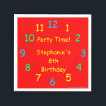 Party Time Papper Napkins, 8th Birthday, Red, Kids Pappersservett<br><div class="desc">Vilken roligt papper napkin för ett barns födelsedagsfest. Färgfulla pappra blöjor i min "Party-tid"-klockdesign. Primärt färg, inklusive rött, gult, blått och grönt, är mycket dyrt och roligt. Även om det står "8:e födelsedagen" som standard kan du enkelt ändra texten för namn, antal år och händelse. För barn i alla åldrar!...</div>