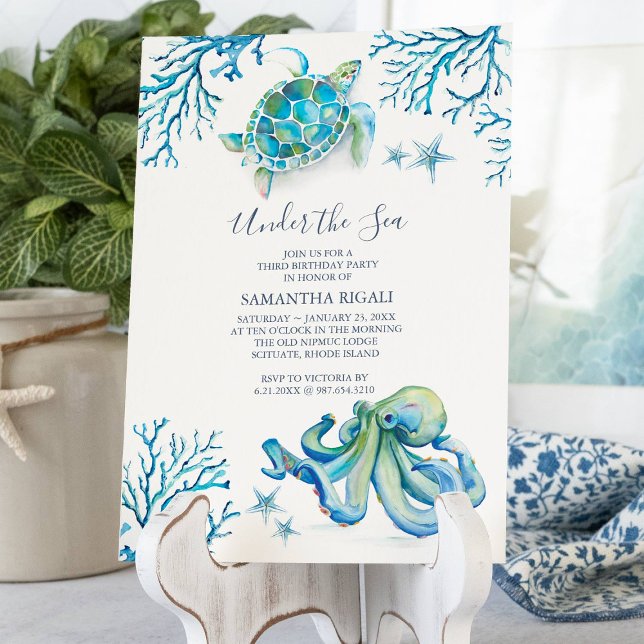 party under sjön inbjudningar (3rd birthday party invitations blue under the sea watercolor art by Victoria Grigaliunas)