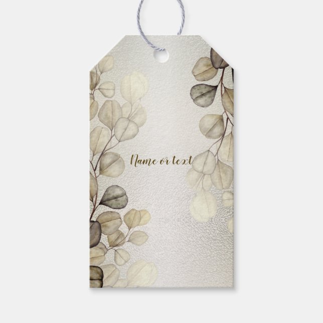 Party Watercolor Golden Eucalyptus Foliage Shiny Presentetikett (Framsidan)