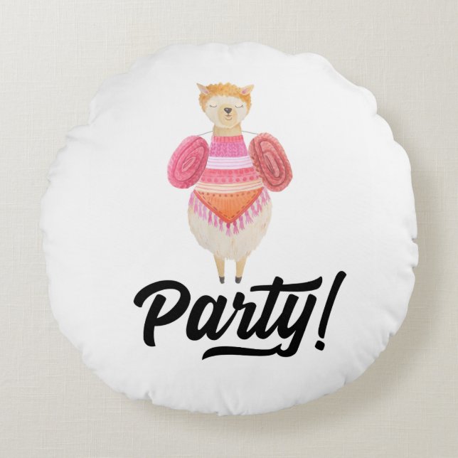 Party! Watercolor Llama Rund Kudde (Framsidan)
