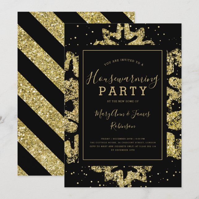 Party| Winter Glitter Guld och svart Inbjudningar (Fram/baksida)