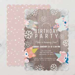 Party Woodland Animals Snöflingor Rosa Birthday Inbjudningar