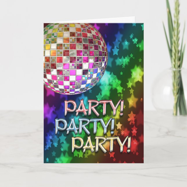 PARTYinbjudan med diskoboll och regnbågen av st Inbjudan (Framsida)