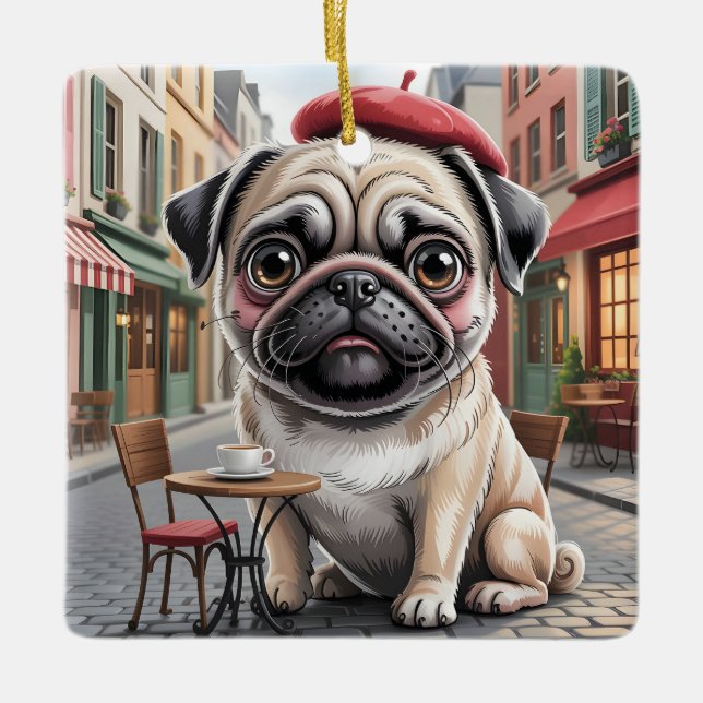 Parysk pug på gatukafé julgransprydnad keramik (Framsida)